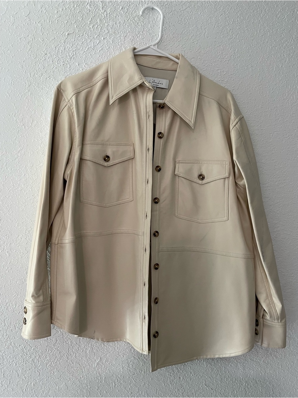 L'Academie Cream Leather Shirt Jacket with Button Front